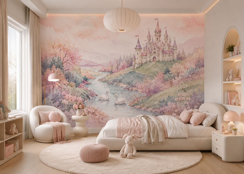 Swan River Castle Girls Landscape Wall Mural - Room View 2