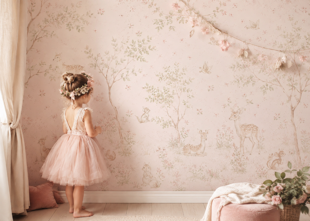 Secret Garden Fawns Girls Pink Wall Mural - Girls Room View