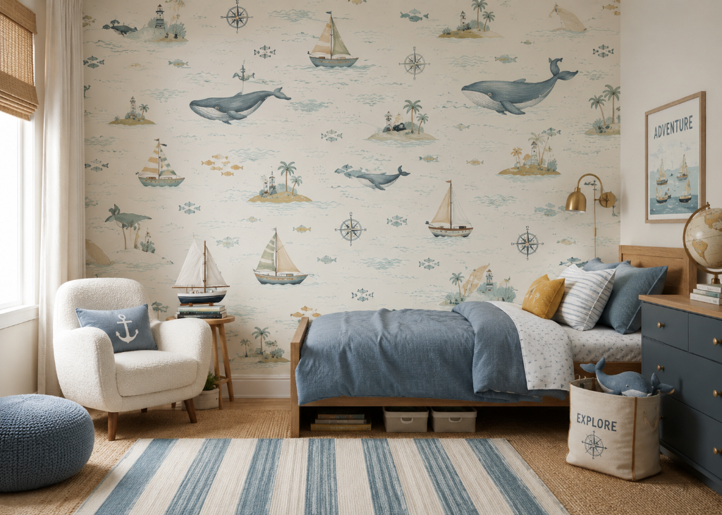 Sailors & Whales Boys Nautical Wall Mural - Boys Room View