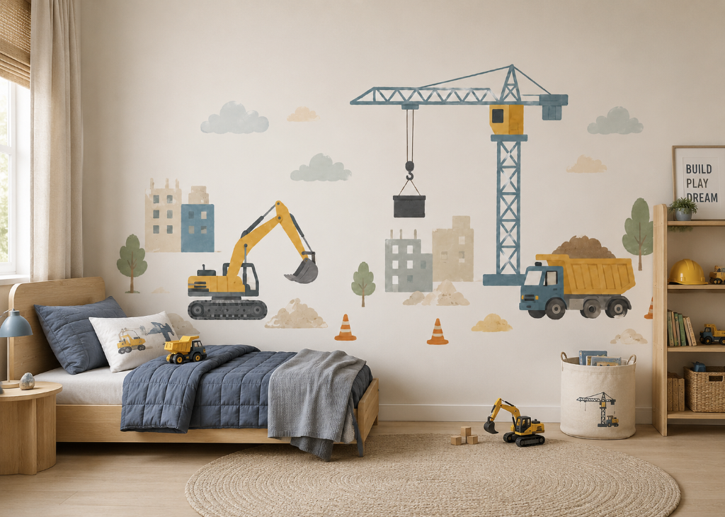 Big Builder Site Boys Construction Wall Mural - Room View with Crane