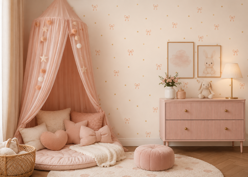 Bows & Stars Girls Coquette Nursery Wall Mural - Room View 2