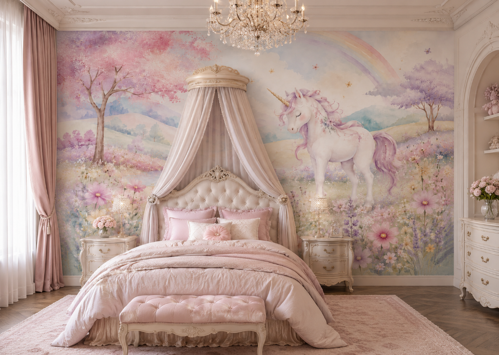 Unicorn Meadow Rainbow Girls Floral Wall Mural - Room View 3