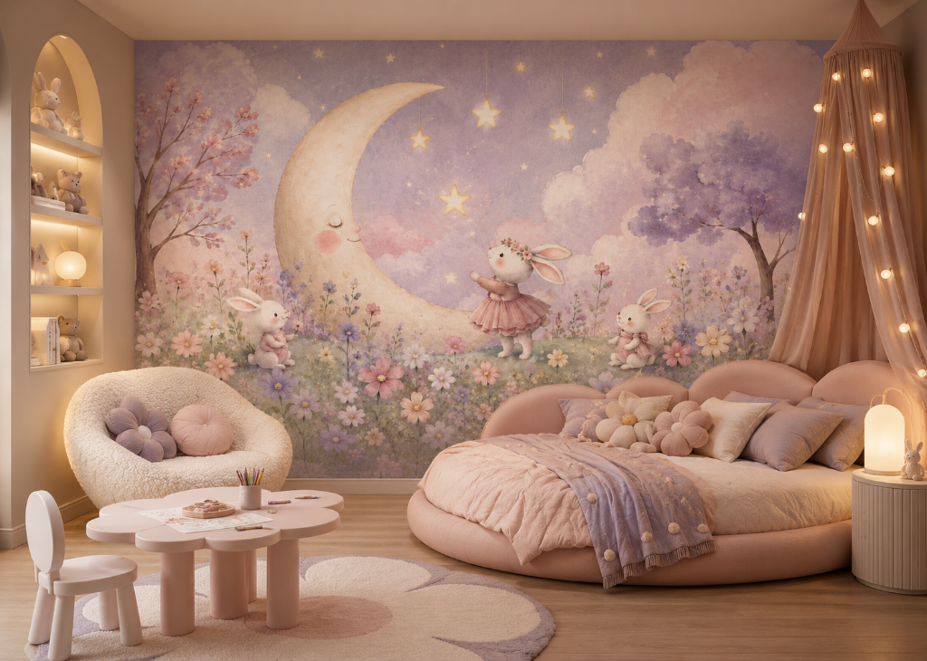 Bunny Moon Garden Girls Whimsical Wall Mural - Room View 3
