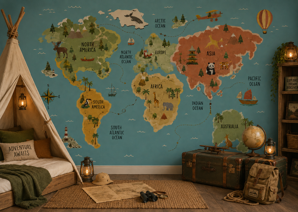 Explorer World Map Boys Adventure Wall Mural - Room View 2