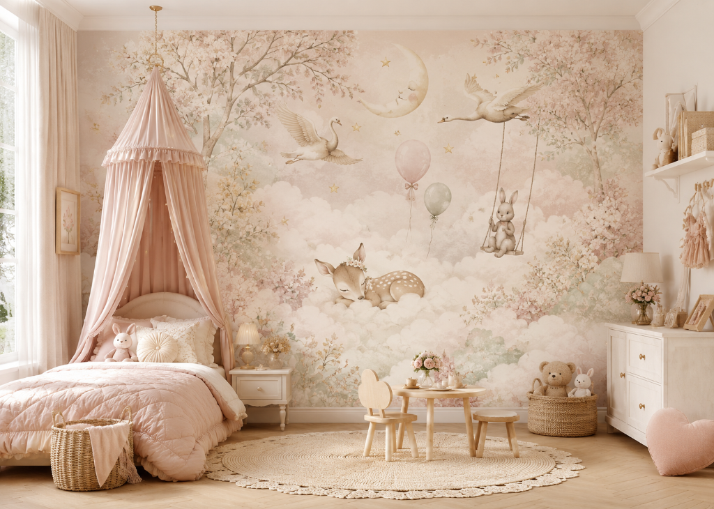 Dreamy Cloud Garden Girls Wall Mural – Pink Girls Bedroom with Fawn, Bunny and Swans