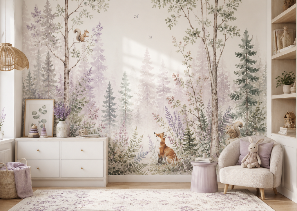 Lavender Fox Girls Woodland Wall Mural - Girls Room View