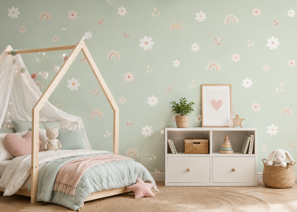 Rainbow Daisy Sage Kids Wall Mural - Kids Room View