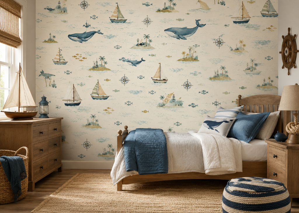 Sailors & Whales Boys Nautical Wall Mural - Room View 2