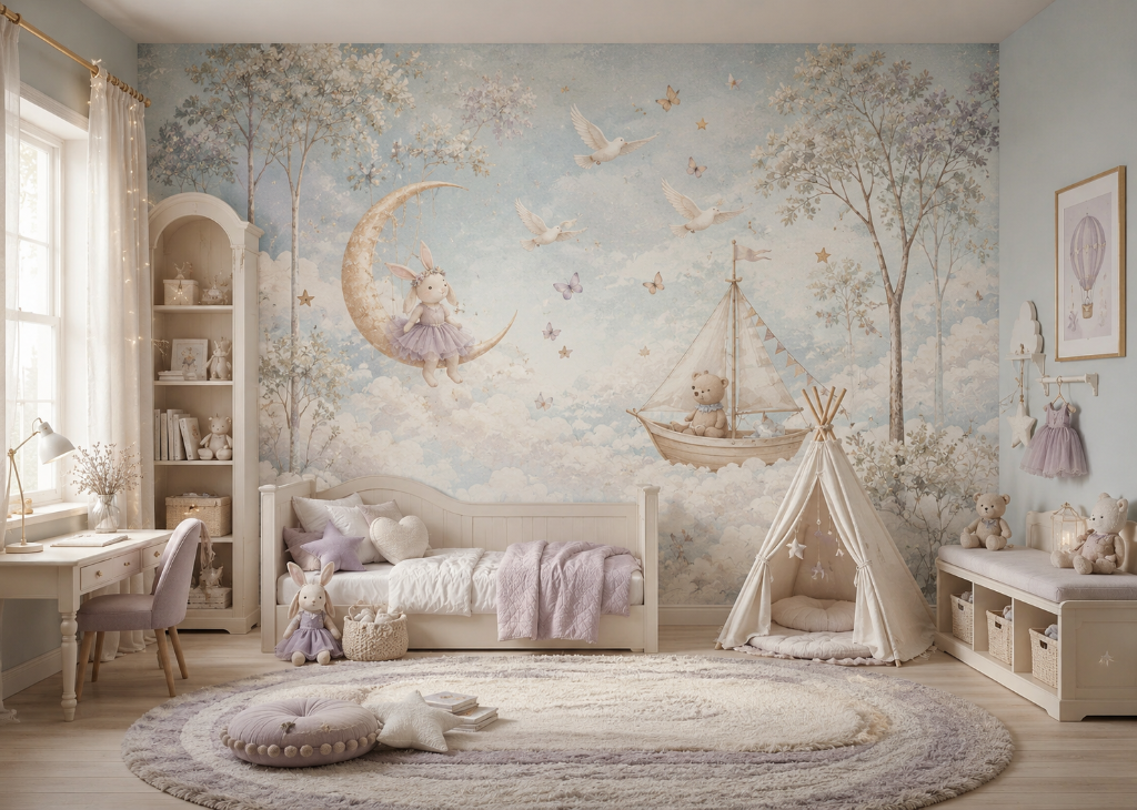 Moon & Sailboat Girls Dreamy Wall Mural - Girls Room View