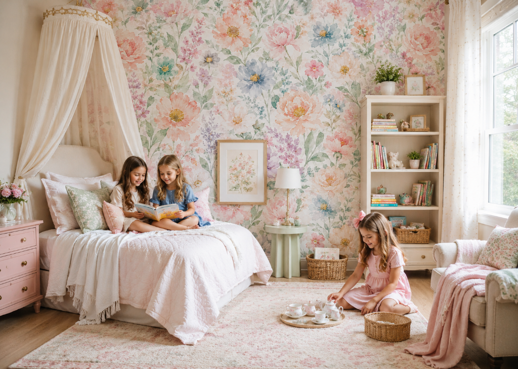 Soft Peony Meadow Girls Wall Mural - Room View 2