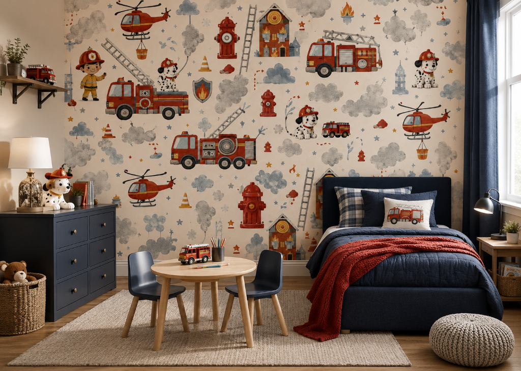 Fire Rescue Boys Firefighter Wall Mural - Room View 2