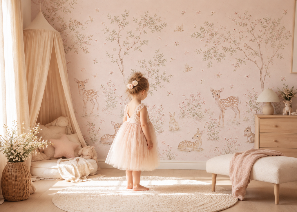 Secret Garden Fawns Girls Pink Wall Mural - Room View 2