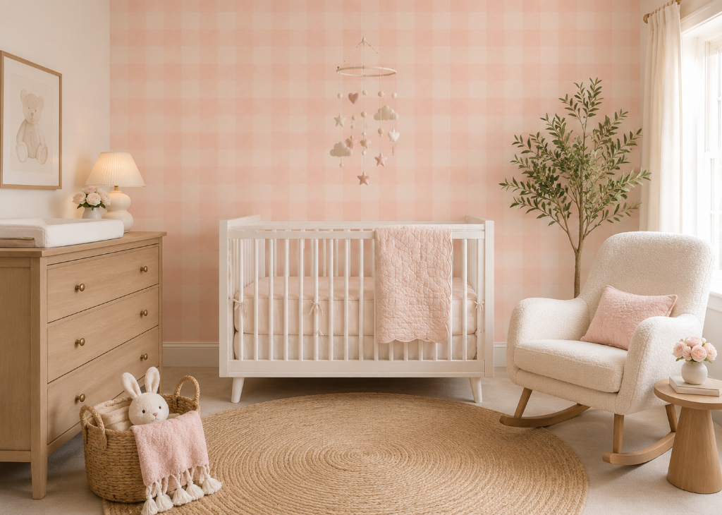 Blush Gingham Girls Nursery Wall Mural - Room View 2