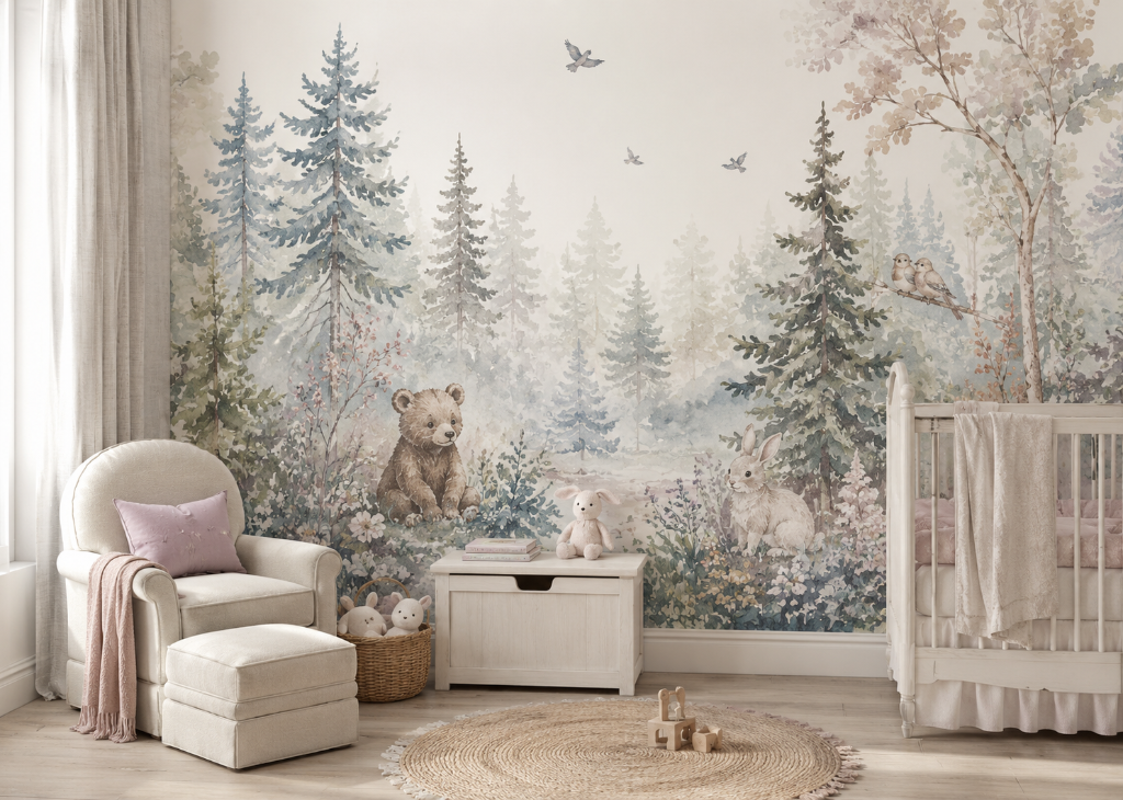 Bear & Bunny Girls Nursery Wall Mural - Nursery Room View