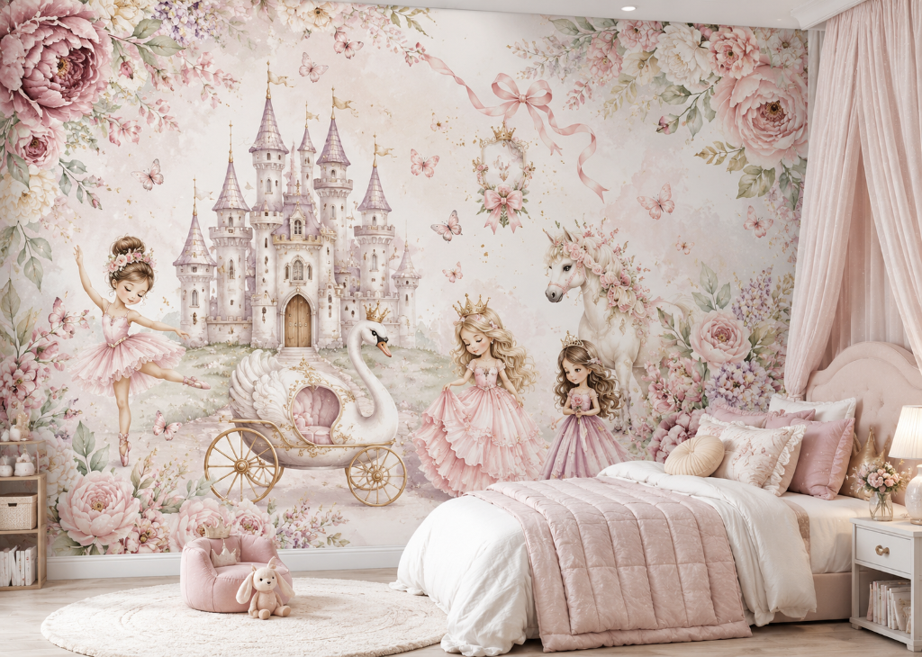 Ballerina & Swan Carriage Girls Princess Wall Mural - Girls Room View