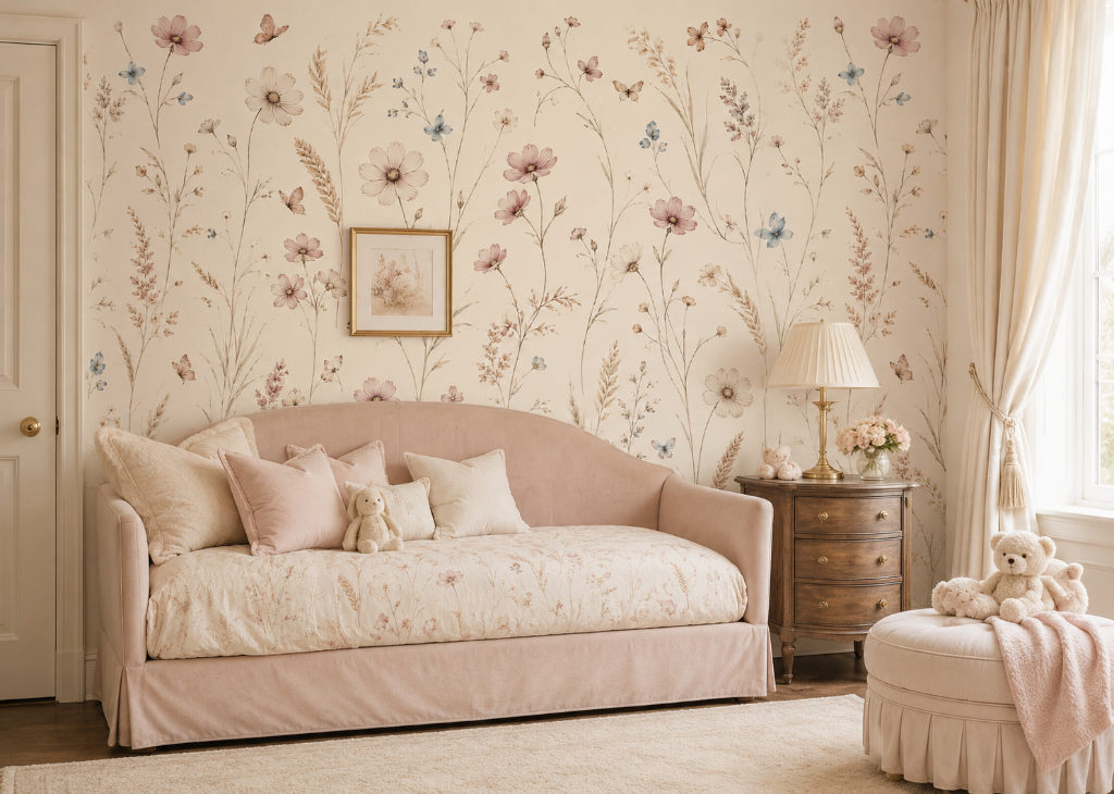 Pastel Cosmos Girls Nursery Wall Mural - Room View 2
