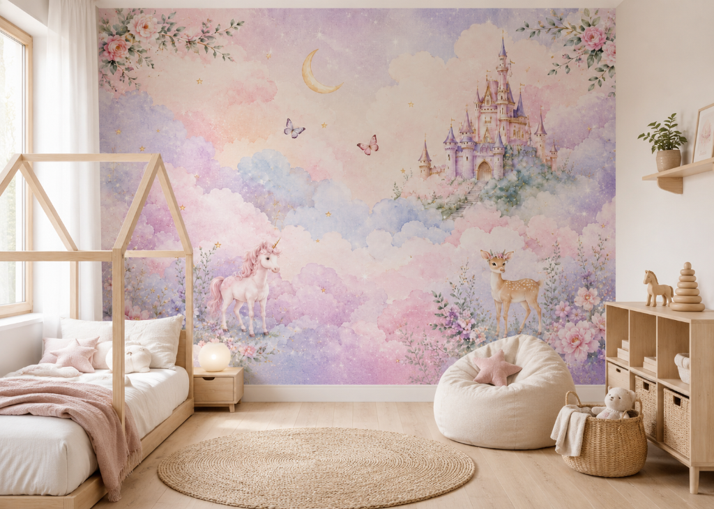 Unicorn Cloud Castle Girls Dreamy Wall Mural - Room View 3