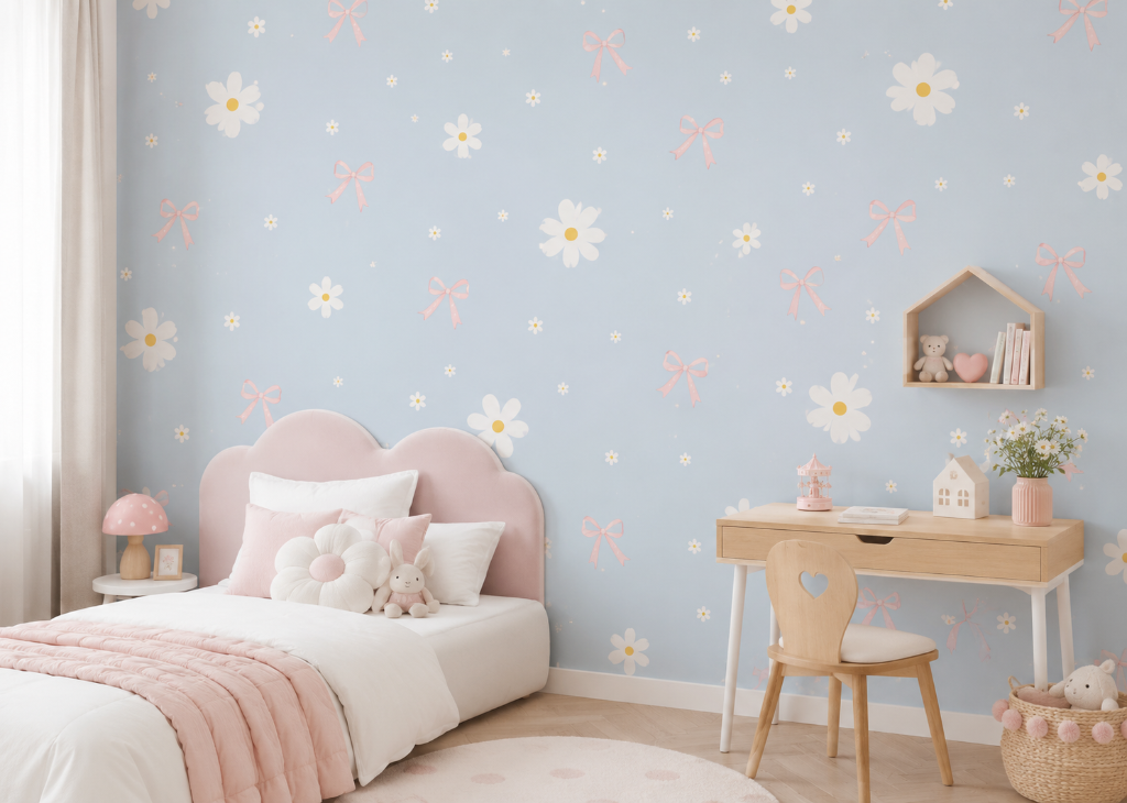 Daisy & Bows Girls Wall Mural - Girls Room View
