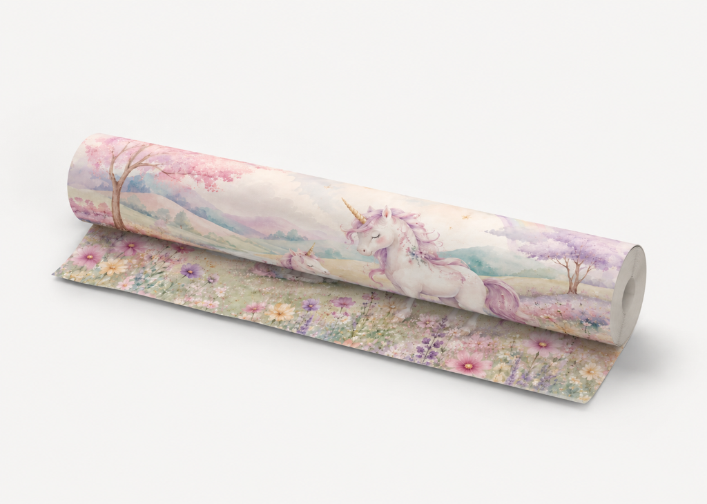 Unicorn Meadow Rainbow Girls Floral Wall Mural - Roll View