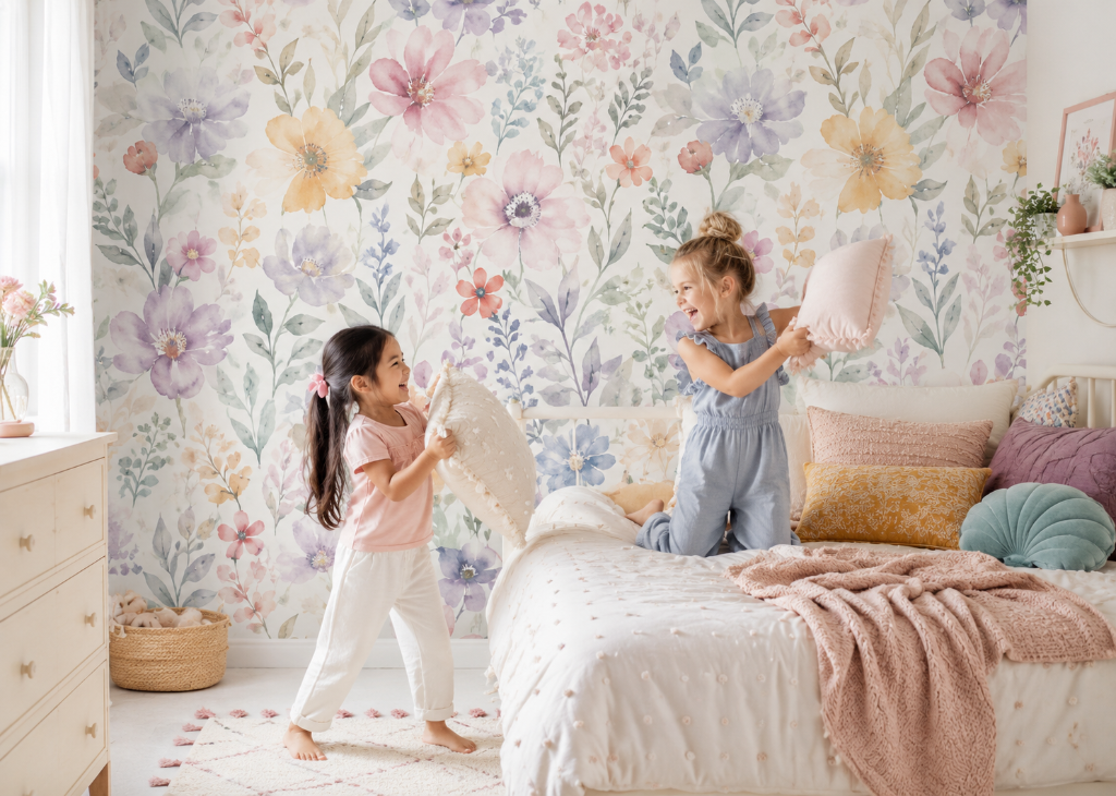 Rainbow Blooms Girls Wall Mural - Girls Room View