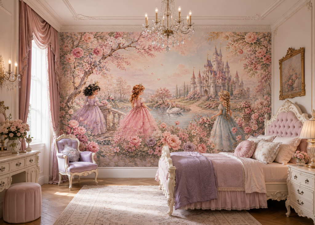 Three Princesses Girls Castle Wall Mural - Room View 3