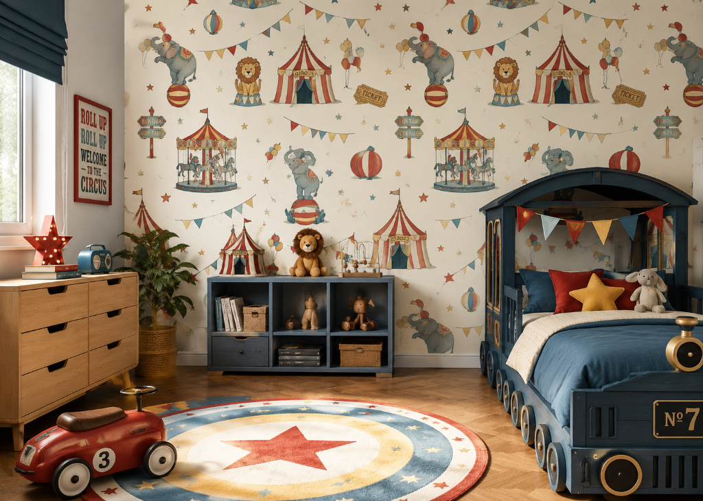 Big Top Circus Boys Vintage Wall Mural - Boys Room View