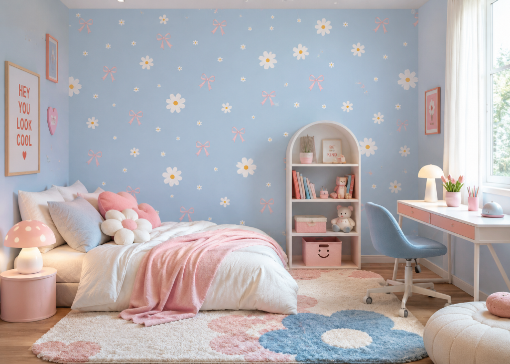 Daisy & Bows Girls Wall Mural - Room View 2