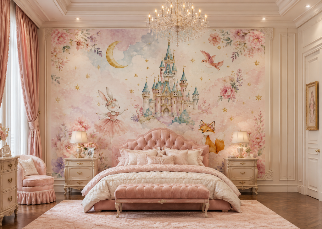 Ballerina Bunny & Fox Girls Enchanted Castle Wall Mural - Room View 3