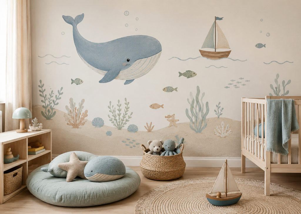 Ocean Dream Kids Whale Wall Mural - Nursery Room View