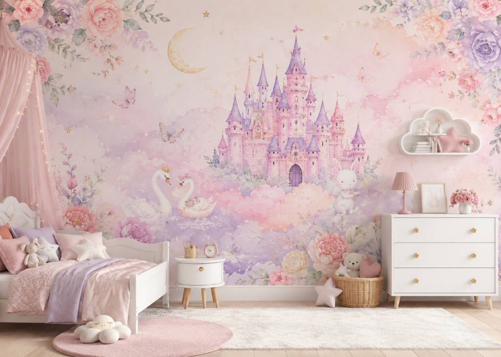 Swan Castle Dream Girls Floral Wall Mural - Girls Room View