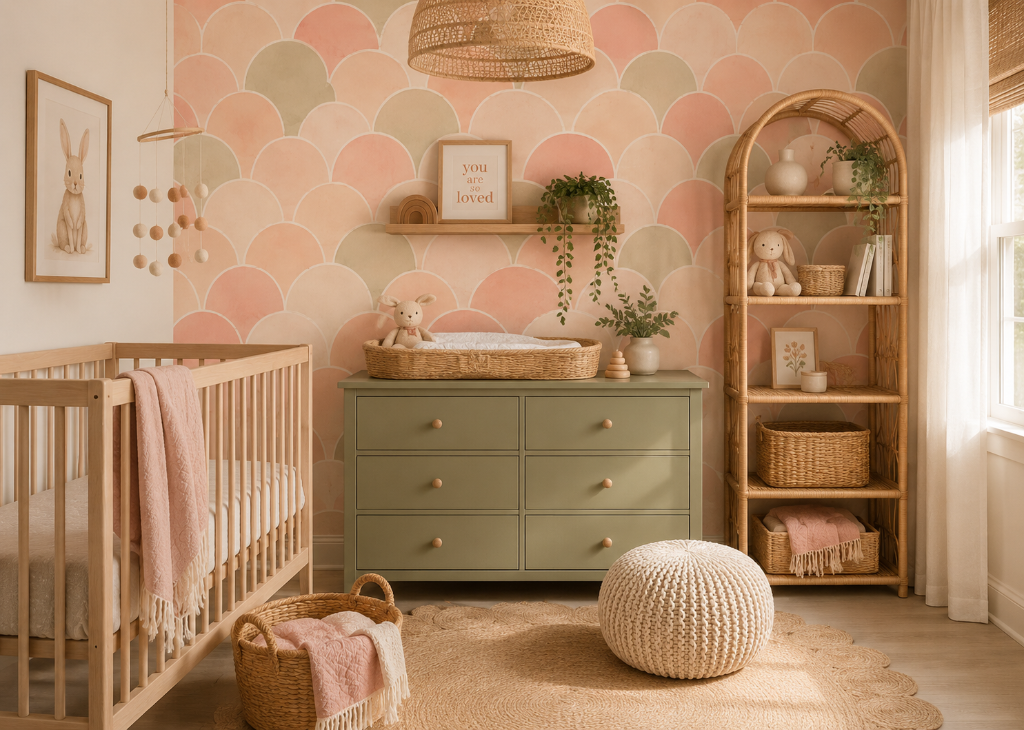 Peach Scallop Girls Boho Nursery Wall Mural - Room View 3