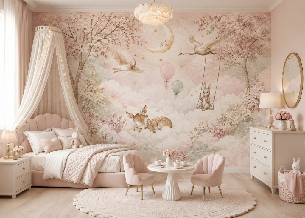 Dreamy Cloud Garden Girls Wall Mural – Pink Bedroom Room View