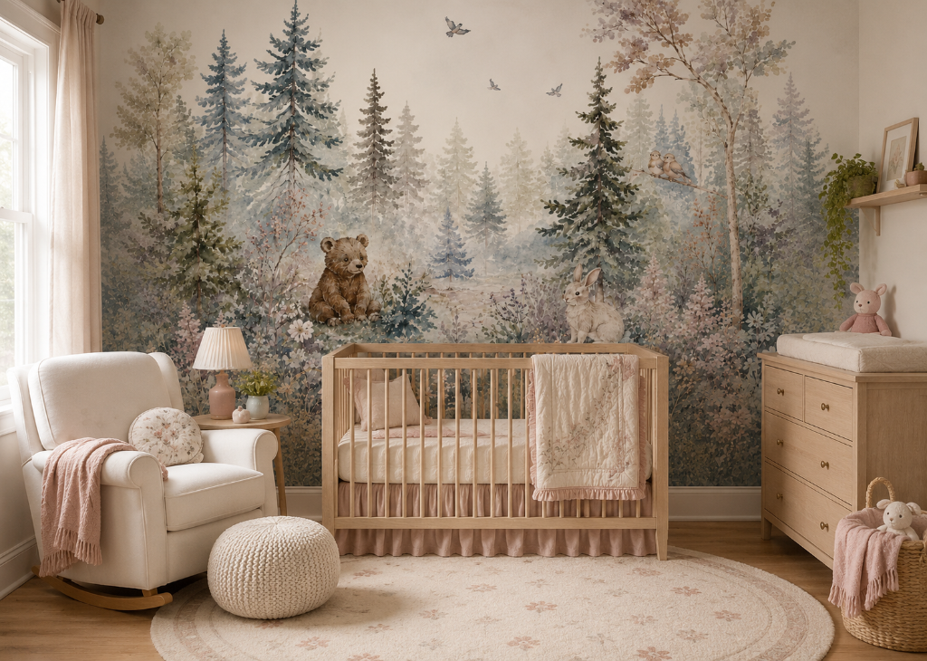 Bear & Bunny Girls Nursery Wall Mural - Room View 2