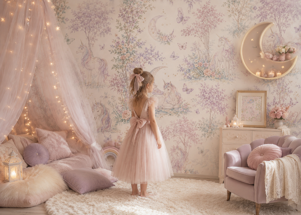 Enchanted Unicorn Garden Girls Fantasy Wall Mural - Room View 2