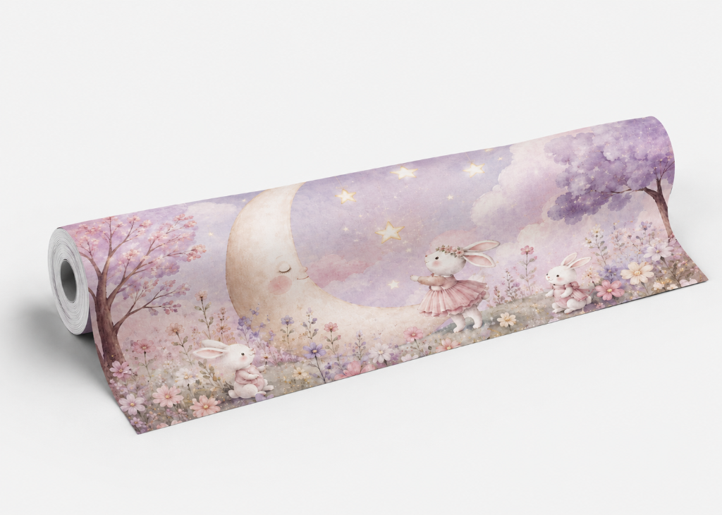 Bunny Moon Garden Girls Whimsical Wall Mural - Roll View
