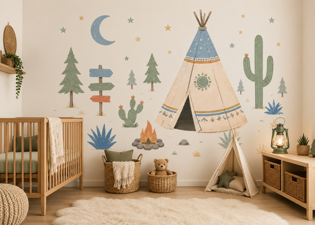 Wild Camp Adventure Boys Teepee Wall Mural - Boys Nursery Room View