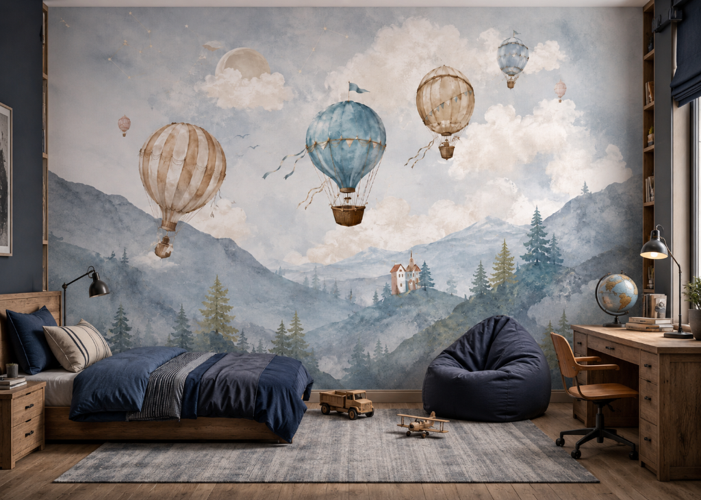 Mountain Voyage Boys Hot Air Balloon Wall Mural - Room View 3