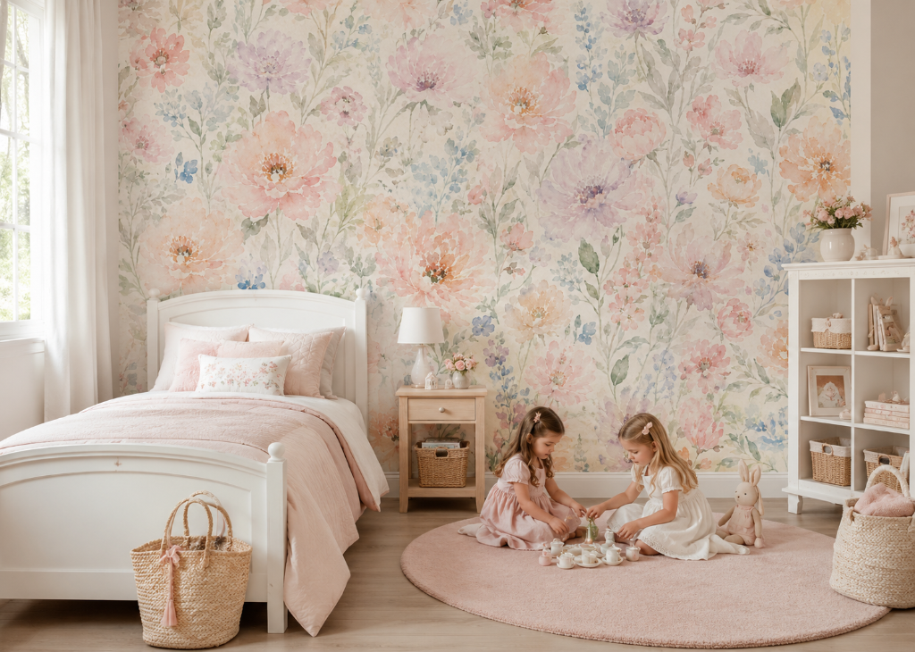 Blush Poppy Garden Girls Wall Mural - Room View 3