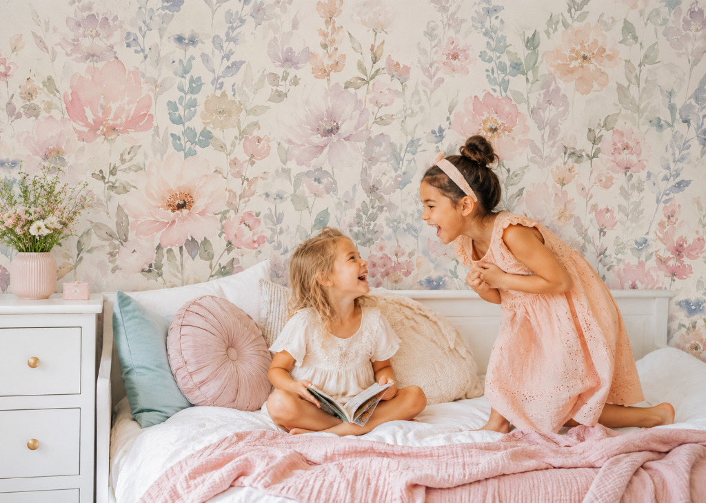 Lavender & Blush Wildflowers Girls Wall Mural - Girls Room View