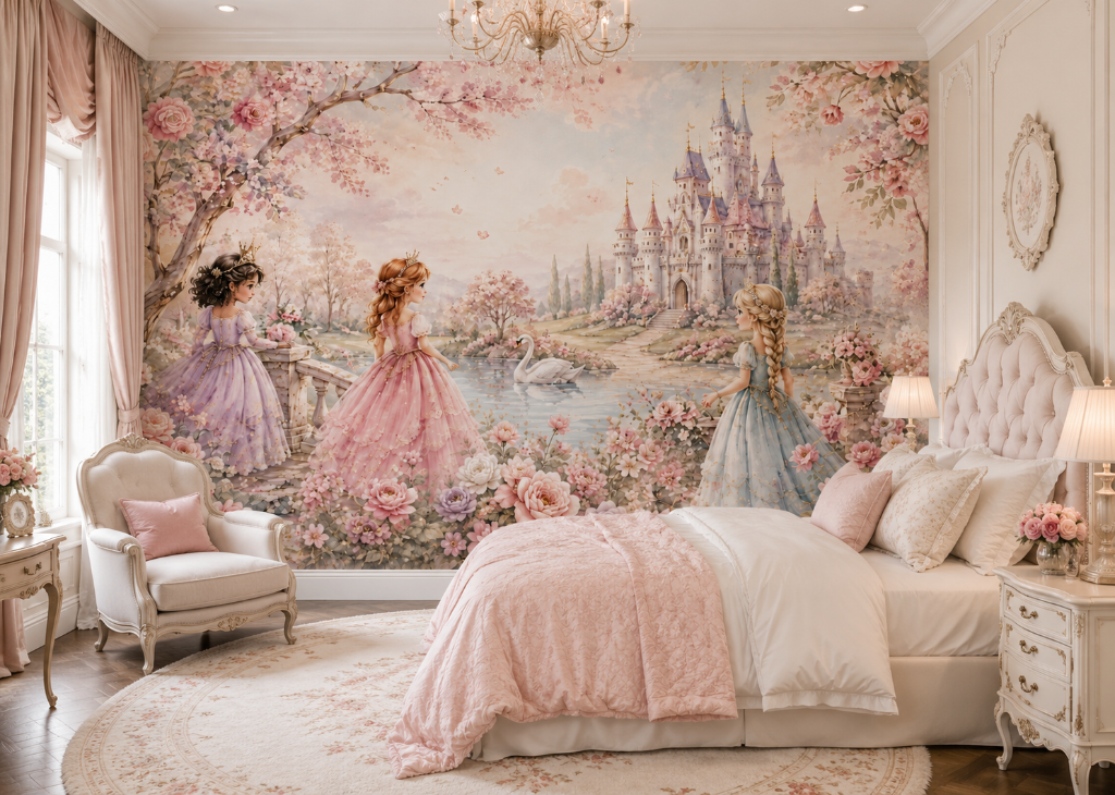 Three Princesses Girls Castle Wall Mural - Room View 2