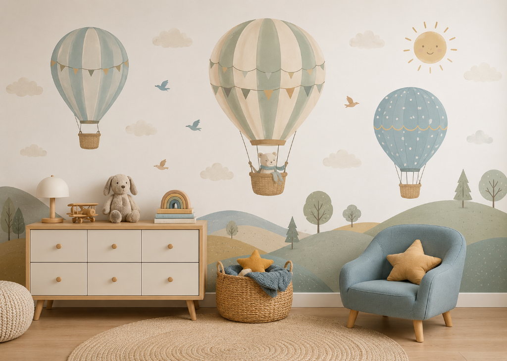 Up & Away Kids Hot Air Balloon Wall Mural - Nursery Room View