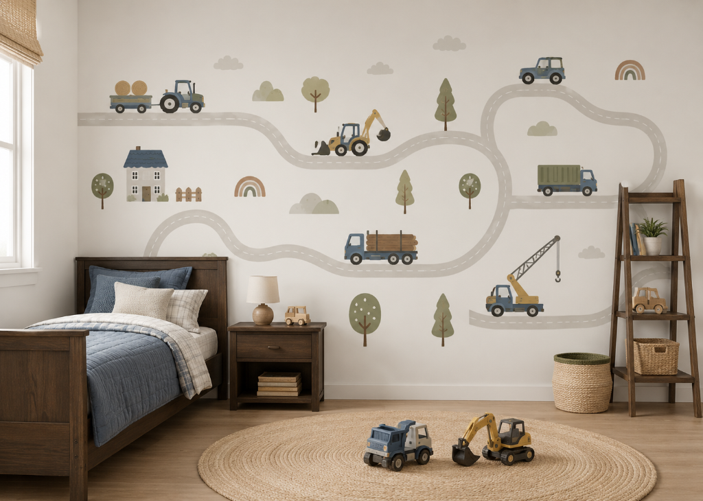 Country Roads Adventure Boys Wall Mural – Trucks, Tractors and Construction Vehicles