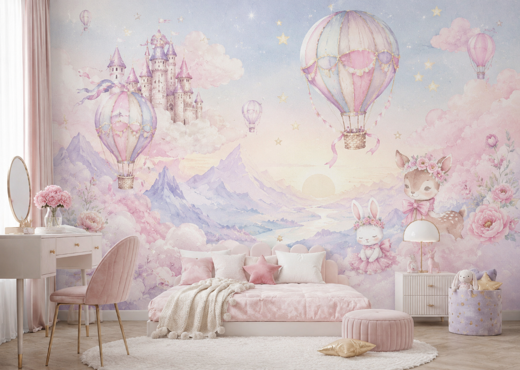 Hot Air Balloon Castle Girls Fantasy Sky Wall Mural - Girls Room View