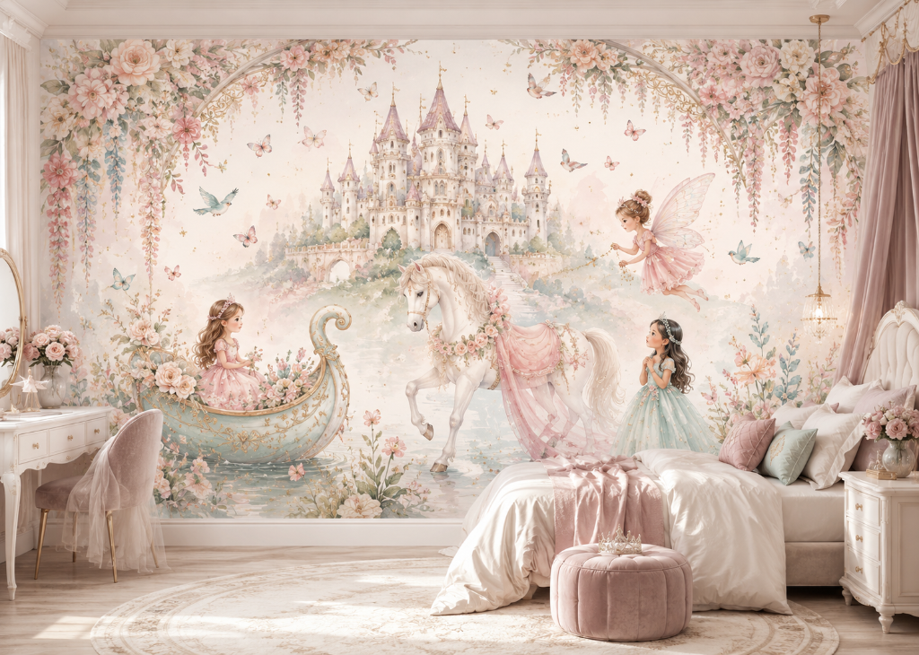 Fairy & White Horse Girls Enchanted Wall Mural - Girls Room View