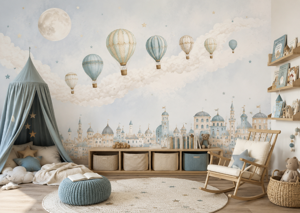 Sky Kingdom Boys Hot Air Balloon Wall Mural - Boys Room View