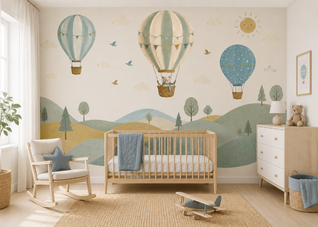 Up & Away Kids Hot Air Balloon Wall Mural - Nursery Crib View