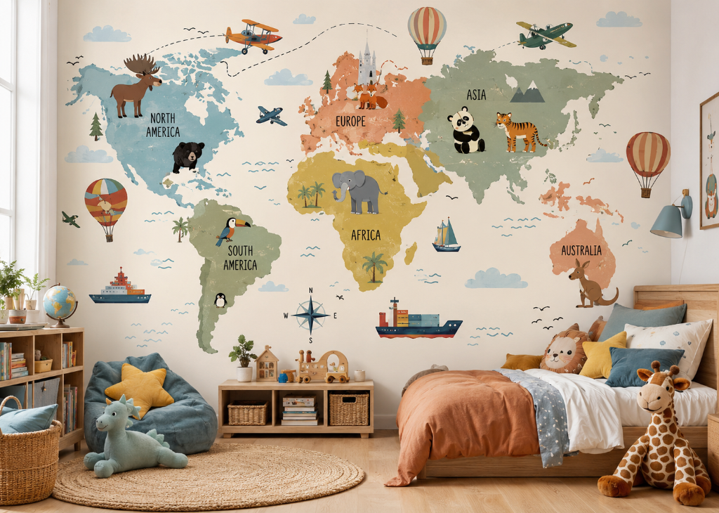 Colorful World Adventure Boys Wall Mural - Boys Room View