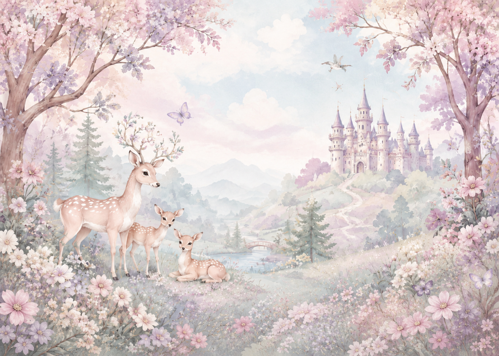 Deer Family Castle Forest - Mural Design Flat View