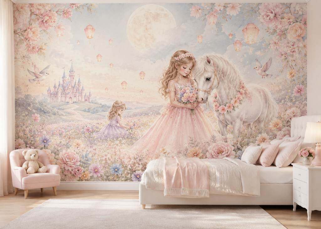 Moonlit Meadow Girls Princess & Horse Wall Mural - Girls Room View