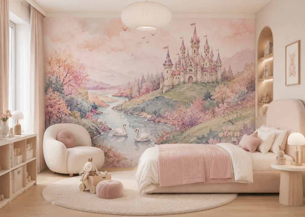Swan River Castle Girls Landscape Wall Mural - Room View 3